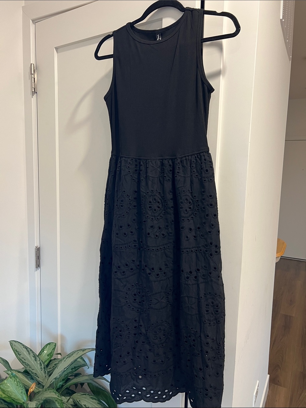 Black Sleeveless Midi Dress with Eyelet Skirt